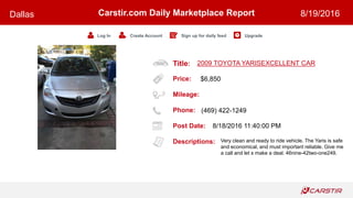 Title:
Price:
Mileage:
Phone:
Post Date:
Descriptions:
Carstir.com Daily Marketplace Report
Log In Create Account Sign up for daily feed Upgrade
Dallas 8/19/2016
2009 TOYOTA YARISEXCELLENT CAR
$6,850
(469) 422-1249
8/18/2016 11:40:00 PM
Very clean and ready to ride vehicle. The Yaris is safe
and economical, and must important reliable. Give me
a call and let s make a deal. 46nine-42two-one249.
 