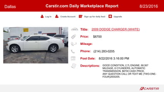 Title:
Price:
Mileage:
Phone:
Post Date:
Descriptions:
Carstir.com Daily Marketplace Report
Log In Create Account Sign up for daily feed Upgrade
Dallas 8/23/2016
2009 DODGE CHARGER (WHITE)
$8700
(214) 283-0205
8/22/2016 3:16:00 PM
GOOD CONDITION, 2,7L ENGINE, 68,567
MILEAGE, 6 CYLINDERS, AUTOMATIC
TRANSMISSION, $8700 CASH PRICE.
ANY QUESTION CALL OR TEXT ME (TWO-ONE-
FOUR)2830205.
 