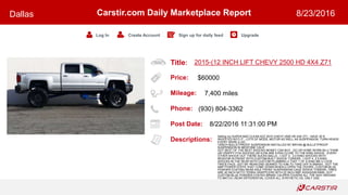 Title:
Price:
Mileage:
Phone:
Post Date:
Descriptions:
Carstir.com Daily Marketplace Report
Log In Create Account Sign up for daily feed Upgrade
Dallas 8/23/2016
2015-(12 INCH LIFT CHEVY 2500 HD 4X4 Z71
$60000
7,400 miles
(930) 804-3362
8/22/2016 11:31:00 PM
Selling my SUPER BAD CLEAN AZZ 2015 CHEVY 2500 HD 4X4 Z71.. HAVE 20 K
INVESTED INTO IT.. LOTS OF MODS..MOTOR AS WELL AS SUSPENSION..TURN HEADS
EVERY WERE U GO..
12INCH BULLETPROOF SUSPENSION INSTALLED BY BRYAN @ BULLETPROOF
SUSPENSION IN MENTONE CALIF.
GOT BEST OF THE BEST SHOCKS MONEY CAN BUY...DO UR HOME WORK B4 U THINK
UR CRAPPY FOX SHOCKS OR ICON ARE EVEN CLOSE TO THE KING SHOCK...EVERY
OTHER SHOCK OUT THERE SUCKS BALLS...I GOT 4 2.0 KING SHOCKS WITH
RESIVOR IN FRONT WITH CUSTOM BUILT SHOCK TOWERS.. I GOT 4 2.5 KING
SHOCKS IN THE REAR WITH CUSTOM PLUMBING 4 THAT 1 OF A KIND MK U LOOK
TWICE FACE..GOT MY REAR END GEARED TO 4;88 TO TAKE OFF N SMASH.. GOT THE
AMP POWER STEPS THAT COME DOWN WHEN U OPEN THE DOORS..CUSTOM BLUE
POWDER COATING REAR AXLE FRONT SUSPENSION CAGE SHOCK TOWERS..TIRES
ARE 40 INCH NITTO TERRA GRAPPLERS WITH 22 INCH RBP ASSASSIN RIMS..GOT
CUSTOM BLUE POWDER COATED BRAKE CALIPER COVERS ALL THE WAY AROUND
TO MATCH..REAR DIFFERENTIAL COVER ALL SYNTHETIC OIL ONLY USE
 