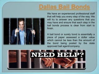 We have an experienced professional staff
that will help you every step of the way. We
will try to answer any questions that you
may have and ensure that each step in the
bail bonds process is clear from start to
finish.
A bail bond or surety bond is essentially a
piece of paper assessed a dollar value
which cannot be less than the amount of
the bond being posted by the state
approved bail agent/company.

 