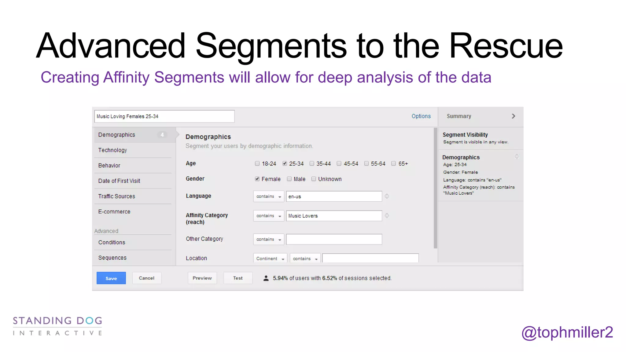 Advanced Segments to the Rescue
Creating Affinity Segments will allow for deep analysis of the data

@tophmiller2

 