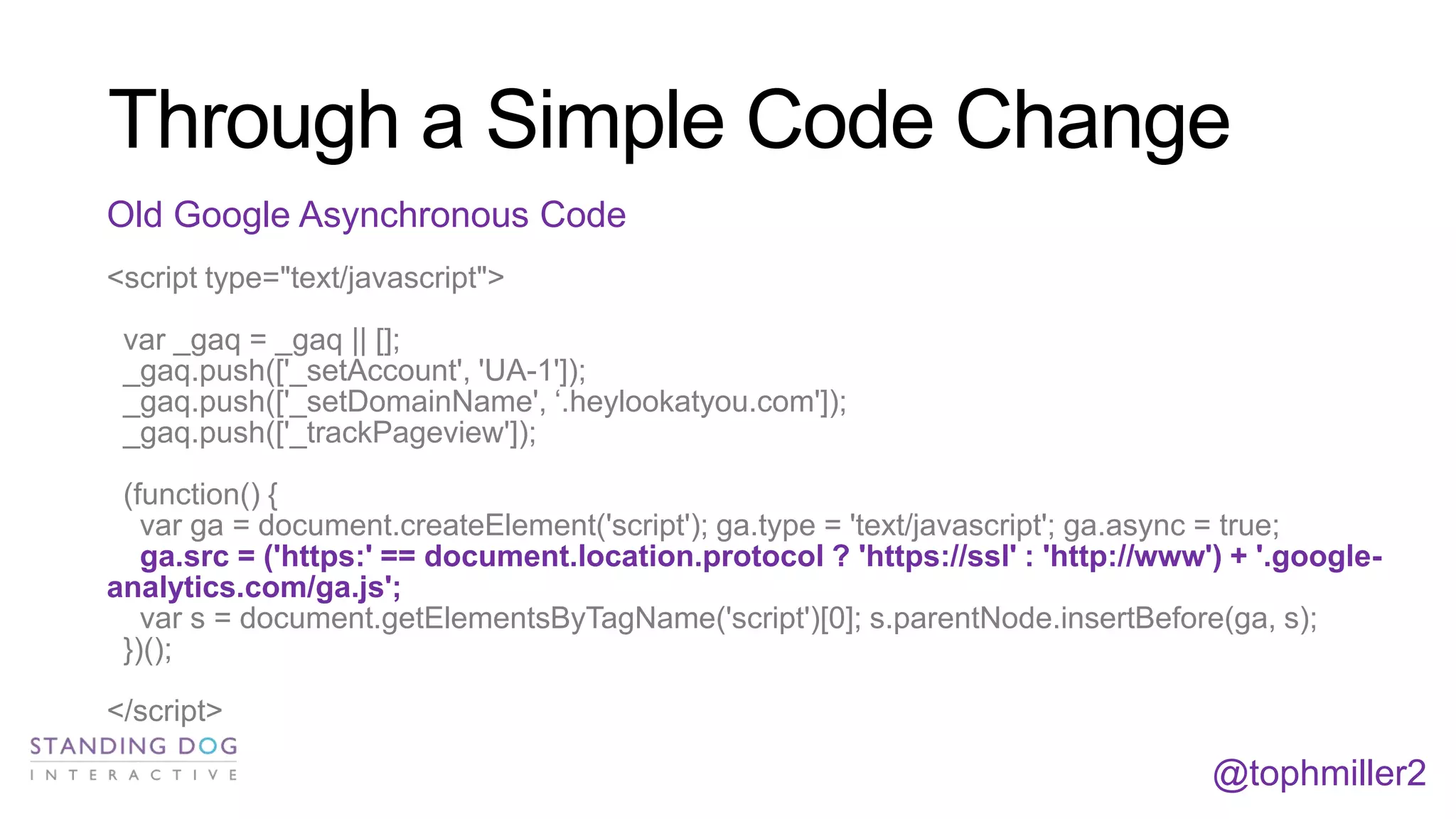 Through a Simple Code Change
Old Google Asynchronous Code
<script type="text/javascript">
var _gaq = _gaq || [];
_gaq.push(['_setAccount', 'UA-1']);
_gaq.push(['_setDomainName', ‘.heylookatyou.com']);
_gaq.push(['_trackPageview']);
(function() {
var ga = document.createElement('script'); ga.type = 'text/javascript'; ga.async = true;
ga.src = ('https:' == document.location.protocol ? 'https://ssl' : 'http://www') + '.googleanalytics.com/ga.js';
var s = document.getElementsByTagName('script')[0]; s.parentNode.insertBefore(ga, s);
})();
</script>

@tophmiller2

 