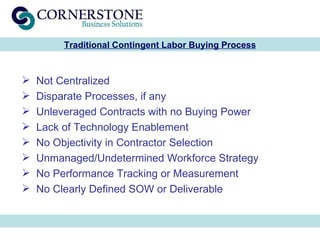 Traditional Contingent Labor Buying Process <ul><li>Not Centralized </li></ul><ul><li>Disparate Processes, if any </li></u...