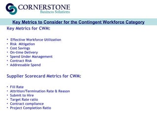 Key Metrics to Consider for the Contingent Workforce Category <ul><li>Key Metrics for CWM: </li></ul><ul><li>Effective Wor...