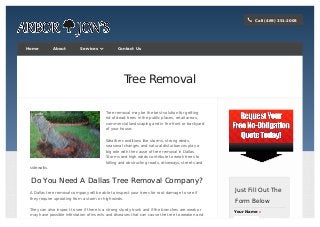 Call (469) 351-2008Call (469) 351-2008
!!
HomeHome AboutAbout ServicesServices  Contact UsContact Us
Tree Removal
Tree removal may be the best solution for getting
rid of dead trees in the public places, retail areas,
commercial landscaping and in the front or backyard
of your house.
Weather conditions like storms, strong winds,
seasonal changes and natural disturbances play a
big role with the cause of tree removal in Dallas.
Storms and high winds contribute to weak trees to
falling and obstructing roads, driveways, streets and
sidewalks.
Do You Need A Dallas Tree Removal Company?
A Dallas tree removal company will be able to inspect your trees for root damage to see if
they require uprooting from a storm or high winds.
They can also inspect to see if there is a strong sturdy trunk and if the branches are weak or
may have possible infestation of insects and diseases that can cause the tree to weaken and
Just Fill Out TheJust Fill Out The
Form BelowForm Below
Your NameYour Name **
 
