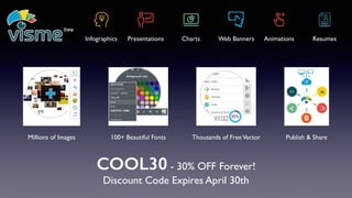 Infographics Presentations Charts Web Banners Animations Resumes
Millions of Images 100+ Beautiful Fonts Thousands of FreeVector
COOL30 - 30% OFF Forever!
Discount Code Expires April 30th
Publish & Share
 