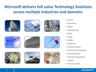 Wicresoft delivers full value Technology Solutions
    across multiple industries and domains
                                  ? Hi-Tech
                                  ? eCommerce
                                  ? Mobile
                                  ? Manufacturing
                                  ? Retail
                                  ? Energy
                                  ? Utilities
                                  ? Healthcare
                                  ? Financial Services
                                  ? Government & Education
                                  ? Consumer goods
                                  ? Travel & Transportation
                                  ? Telecom
                                  ? Plus many more


 8
 