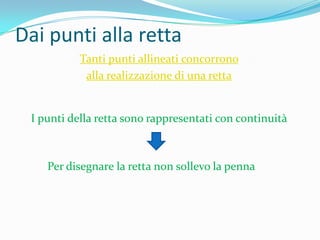 Dai punti alla rettaTanti punti allineati concorrono alla realizzazione di una rettaI punti della retta sono rappresentati con continuitàPer disegnare la retta non sollevo la penna