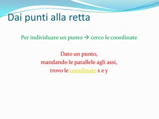 Dai punti alla rettaPer individuare un punto  cerco le coordinateDato un punto, mandando le parallele agli assi, trovo le coordinate x e y