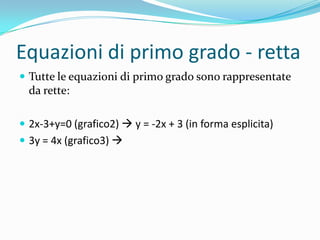 Equazioni di primo grado - rettaTutte le equazioni di primo grado sono rappresentate da rette:2x-3+y=0 (grafico2)  y = -2x + 3 (in forma esplicita)3y = 4x (grafico3)  