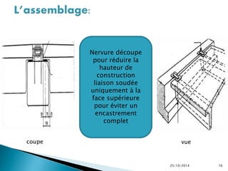 Nervure découpe 
pour réduire la 
hauteur de 
construction 
liaison soudée 
uniquement à la 
face supérieure 
pour éviter un 
encastrement 
complet 
coupe vue 
25/10/2014 16 
 
