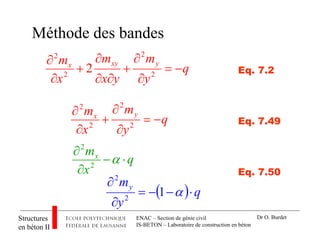 ENAC – Section de génie civil
IS-BETON – Laboratoire de construction en béton
Structures
en béton II
Dr O. Burdet
Méthode des bandes
q
y
m
yx
m
x
m yxyx
−=
∂
∂
+
∂∂
∂
+
∂
∂
2
2
2
2
2 Eq. 7.2
q
y
m
x
m yx
−=
∂
∂
+
∂
∂
2
2
2
2
Eq. 7.49
( ) q
y
my
⋅−−=
∂
∂
α12
2
q
x
mx
⋅−
∂
∂
α2
2
Eq. 7.50
 