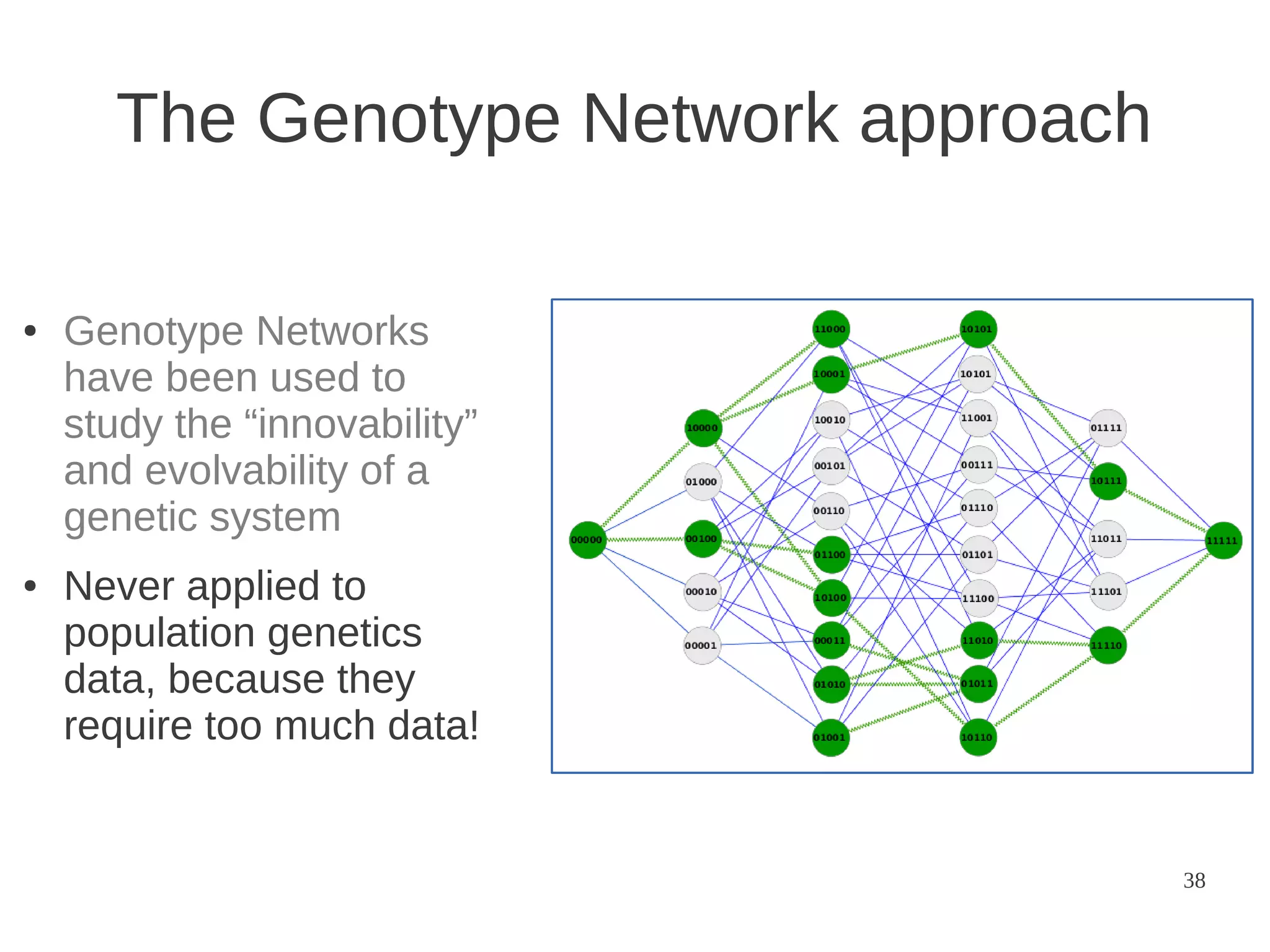 The Genotype Network approach
●

●

Genotype Networks
have been used to
study the “innovability”
and evolvability of a
genetic system
Never applied to
population genetics
data, because they
require too much data!

38

 