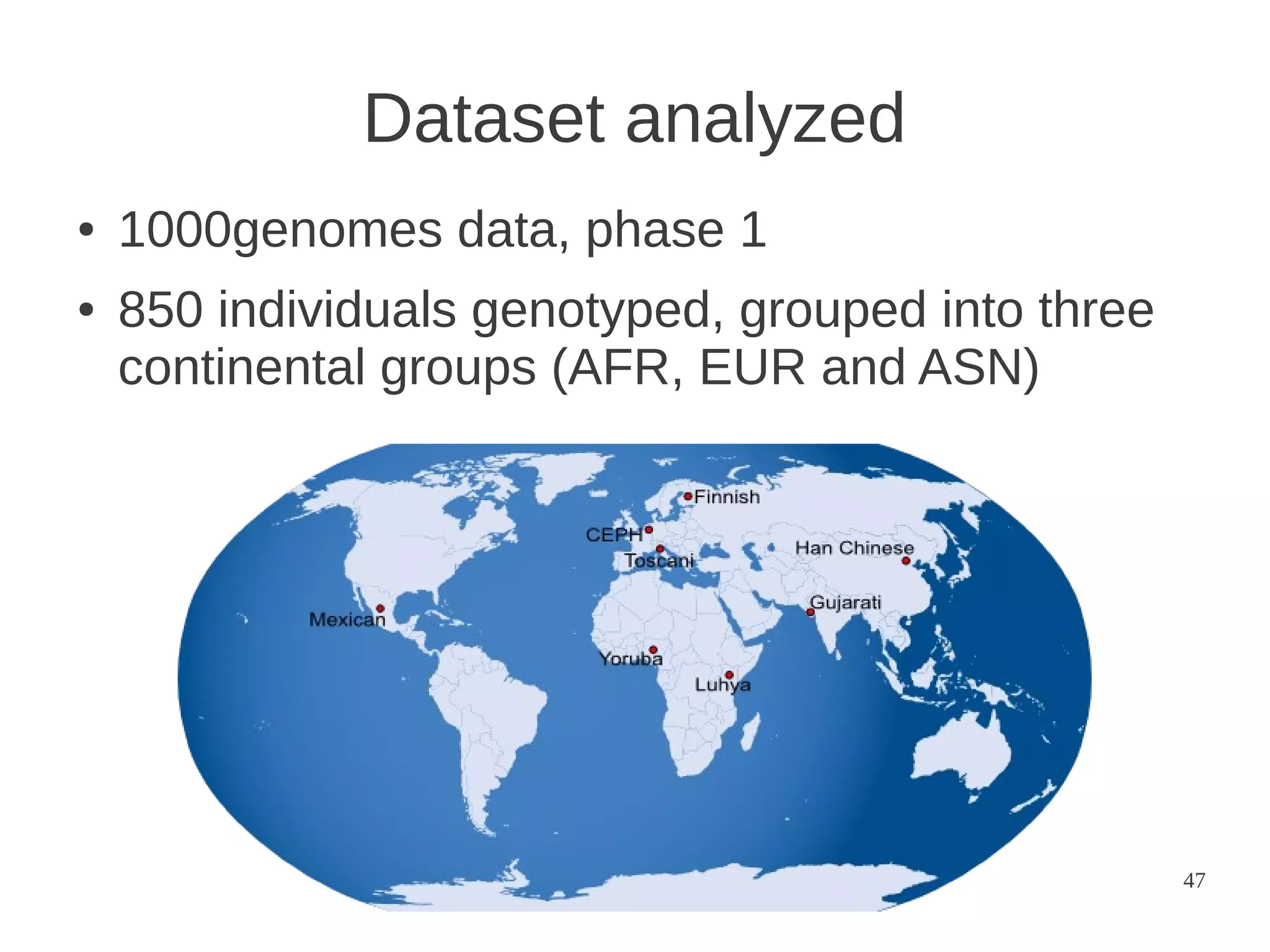 Dataset analyzed
●
●

1000genomes data, phase 1
850 individuals genotyped, grouped into three
continental groups (AFR, EUR and ASN)

47

 