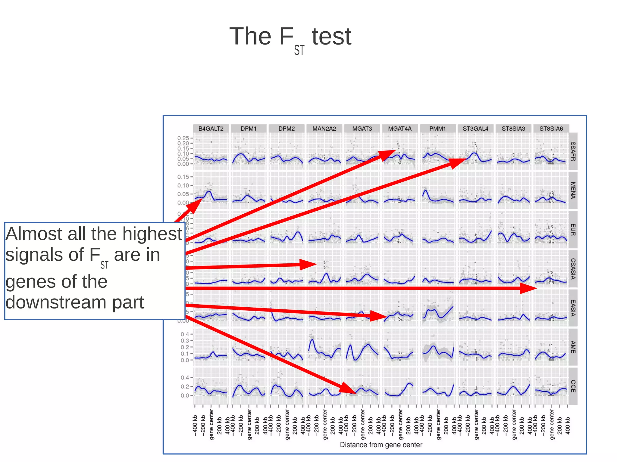 The FST test

Almost all the highest
signals of FST are in
genes of the
downstream part

68

 