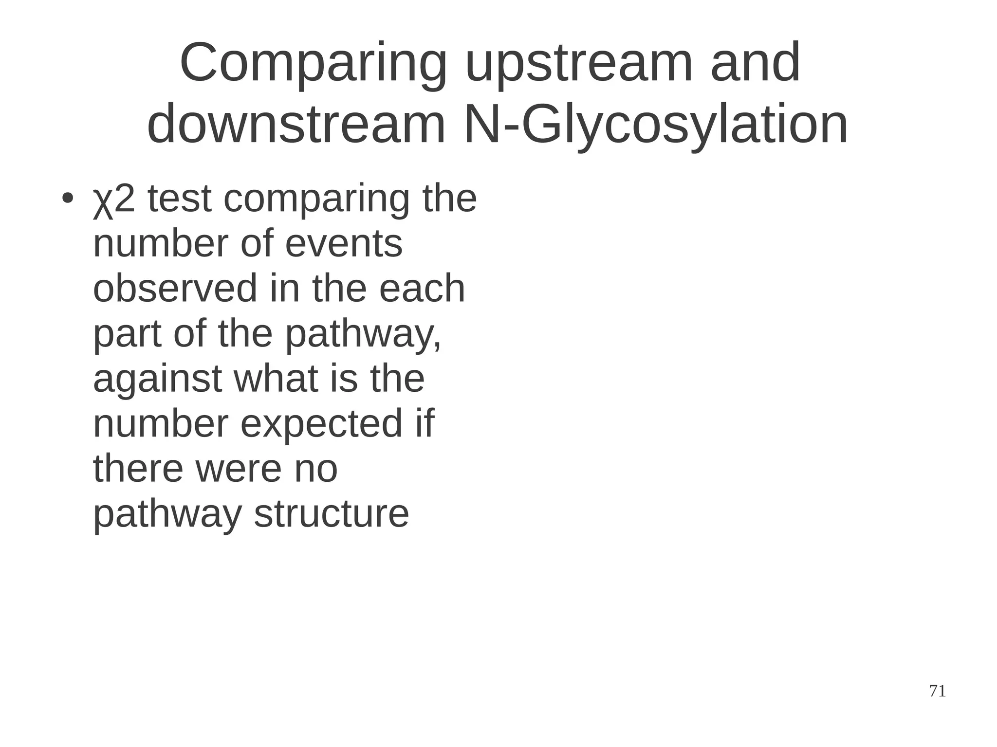 Comparing upstream and
downstream N-Glycosylation
●

χ2 test comparing the
number of events
observed in the each
part of the pathway,
against what is the
number expected if
there were no
pathway structure

71

 