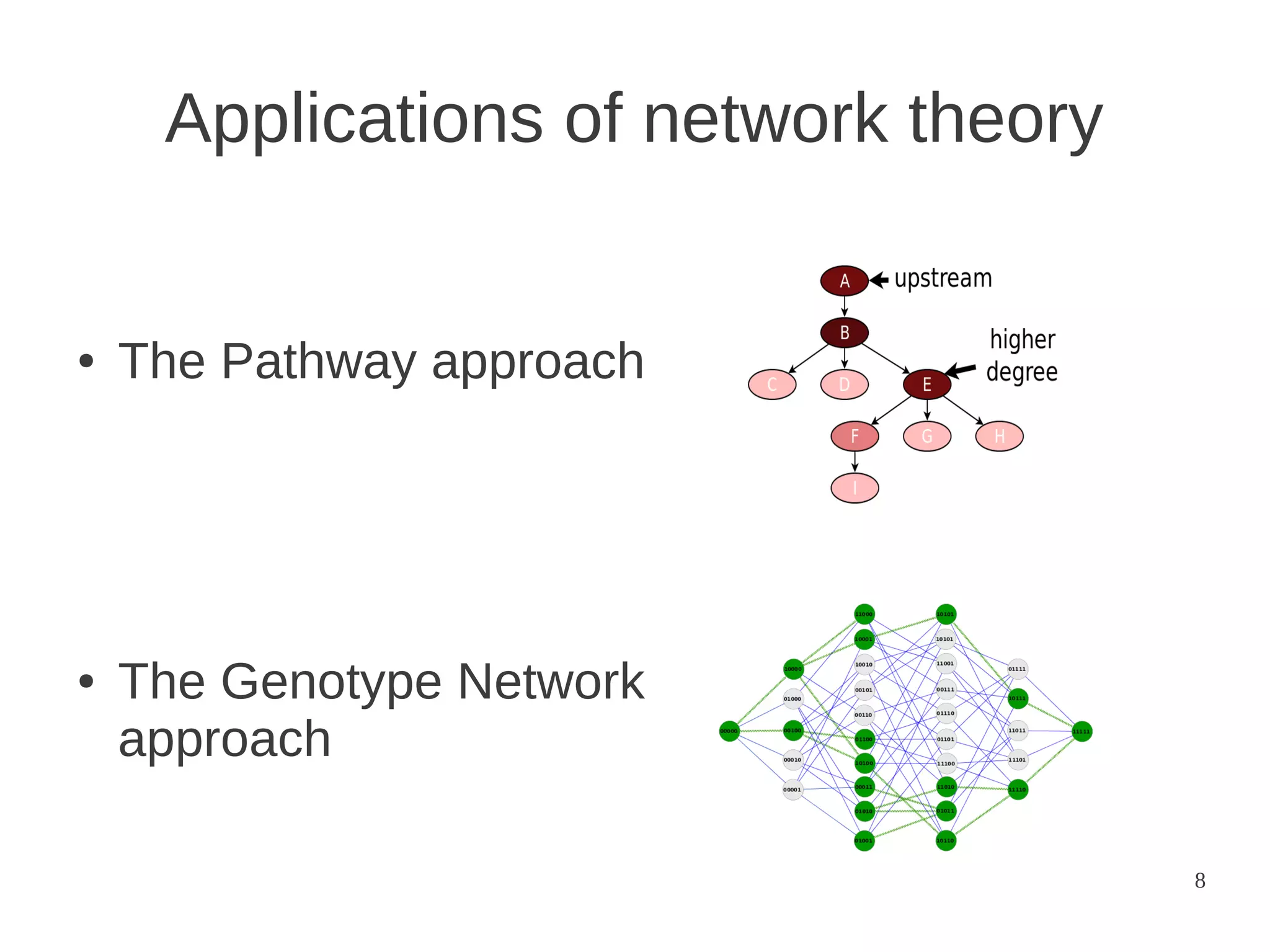 Applications of network theory

●

●

The Pathway approach

The Genotype Network
approach
8

 