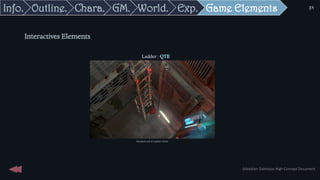 Interactives Elements
Ladder : QTE
Sébastien Dalmasso High Concept Document
34
Game Elements
Exp.
World.
GM.
Chara.
Outline.
Info.
Resident evil 6’s ladder climb
 