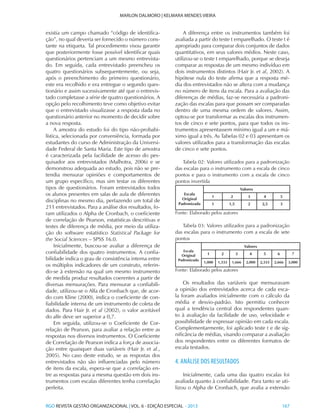 RGO REVISTA GESTÃO ORGANIZACIONAL | VOL. 6 - EDIÇÃO ESPECIAL - 2013			 167
MARLON DALMORO | KELMARA MENDES VIEIRA
existia um campo chamado “código de identifica-
ção”, no qual deveria ser fornecido o número cons-
tante na etiqueta. Tal procedimento visou garantir
que posteriormente fosse possível identificar quais
questionários pertenciam a um mesmo entrevista-
do. Em seguida, cada entrevistado preencheu os
quatro questionários subsequentemente, ou seja,
após o preenchimento do primeiro questionário,
este era recolhido e era entregue o segundo ques-
tionário e assim sucessivamente até que o entrevis-
tado completasse a série de quatro questionários. A
opção pelo recolhimento teve como objetivo evitar
que o entrevistado visualizasse a resposta dada no
questionário anterior no momento de decidir sobre
a nova resposta.
A amostra do estudo foi do tipo não-probabi-
lística, selecionada por conveniência, formada por
estudantes do curso de Administração da Universi-
dade Federal de Santa Maria. Este tipo de amostra
é caracterizada pela facilidade de acesso do pes-
quisador aos entrevistados (Malhotra, 2006) e se
demonstrou adequada ao estudo, pois não se pre-
tendia mensurar opiniões e comportamentos de
um grupo específico, mas sim testar os diferentes
tipos de questionários. Foram entrevistados todos
os alunos presentes em salas de aula de diferentes
disciplinas no mesmo dia, perfazendo um total de
211 entrevistados. Para a análise dos resultados, fo-
ram utilizados o Alpha de Cronbach, o coeficiente
de correlação de Pearson, estatísticas descritivas e
testes de diferença de média, por meio da utiliza-
ção do software estatístico Statistical Package for
the Social Sciences – SPSS 16.0.
Inicialmente, buscou-se avaliar a diferença de
confiabilidade dos quatro instrumentos. A confia-
bilidade indica o grau de consistência interna entre
os múltiplos indicadores de um construto, referin-
do-se à extensão na qual um mesmo instrumento
de medida produz resultados coerentes a partir de
diversas mensurações. Para mensurar a confiabili-
dade, utilizou-se o Alfa de Cronbach que, de acor-
do com Kline (2000), indica o coeficiente de con-
fiabilidade interna de um instrumento de coleta de
dados. Para Hair Jr. et al (2002), o valor aceitável
do alfe deve ser superior a 0,7.
Em seguida, utilizou-se o Coeficiente de Cor-
relação de Pearson, para avaliar a relação entre as
respostas nos diversos instrumentos. O Coeficiente
de Correlação de Pearson indica a força de associa-
ção entre quaisquer duas variáveis (Hair Jr. et al.,
2005). No caso deste estudo, se as respostas dos
entrevistados não são influenciadas pelo número
de itens da escala, espera-se que a correlação en-
tre as respostas para a mesma questão em dois ins-
trumentos com escalas diferentes tenha correlação
perfeita.
A diferença entre os instrumentos também foi
avaliada a partir do teste t emparelhado. O teste t é
apropriado para comparar dois conjuntos de dados
quantitativos, em seus valores médios. Neste caso,
utilizou-se o teste t emparelhado, porque se deseja
comparar as respostas de um mesmo indivíduo em
dois instrumentos distintos (Hair Jr. et al, 2002). A
hipótese nula do teste afirma que a resposta mé-
dia dos entrevistados não se altera com a mudança
no número de itens da escala. Para a avaliação das
diferenças de médias, faz-se necessária a padroni-
zação das escalas para que possam ser comparadas
dentro de uma mesma ordem de valores. Assim,
optou-se por transformar as escalas dos instrumen-
tos de cinco e sete pontos, para que todos os ins-
trumentos apresentassem mínimo igual a um e má-
ximo igual a três. As Tabelas 02 e 03 apresentam os
valores utilizados para a transformação das escalas
de cinco e sete pontos.
Tabela 02: Valores utilizados para a padronização
das escalas para o instrumento com a escala de cinco
pontos e para o instrumento com a escala de cinco
pontos invertida
Escala
Original
Padronizada
Valores
1 2 3 4 5
1 1,5 2 2,5 3
Fonte: Elaborado pelos autores
Tabela 03: Valores utilizados para a padronização
das escalas para o instrumento com a escala de sete
pontos
Escala
Original
Padronizada
Valores
1 2 3 4 5 6 7
1,000 1,333 1,666 2,000 2,333 2,666 3,000
Fonte: Elaborado pelos autores
Os resultados das variáveis que mensuravam
a opinião dos entrevistados acerca de cada esca-
la foram avaliados inicialmente com o cálculo da
média e desvio-padrão. Isto permitiu conhecer
qual a tendência central dos respondentes quan-
to à avaliação da facilidade de uso, velocidade e
possibilidade de expressar opinião em cada escala.
Complementarmente, foi aplicado teste t e de sig-
nificância de médias, visando comparar a avaliação
dos respondentes entre os diferentes formatos de
escala testados.
4. ANÁLISE DOS RESULTADOS
Inicialmente, cada uma das quatro escalas foi
avaliada quanto à confiabilidade. Para tanto se uti-
lizou o Alpha de Cronbach, que avalia a extensão
 