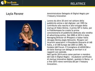 @perplessaMente
ACADEMY
Layla Pavone Amministratore Delegato di Digital Magics per
l’Industry Innovation
Lavora da oltre 20 anni nel settore della
pubblicità online e del digitale: nel 1995 ha
contribuito alla nascita e allo sviluppo della
startup di Video Online, il primo ISP in Italia, poi
in Publikompass ha creato la prima
concessionaria di pubblicità dedicata alla vendita
di advertising online. Dal 2000 al 2014 è stata
Managing Director di iProspect e Isobar Italia
(Gruppo Dentsu Aegis Network). Ricopre vari
incarichi associativi: è Presidente Onorario di IAB
Italia, e di IAB Europe dal 2003 al 2005, ha
fondato IAB Forum. È Consigliere di ASSOCOM e
di Italia Startup con delega ai territori e ai
rapporti con aziende.
Nell’aprile 2014 entra come partner e membro
del CdA in Digital Magics – incubatore certificato
di startup innovative digitali, quotato in Borsa – e
a fine 2015 viene nominata AD per l’Industry
Innovation.
RELATRICE
 