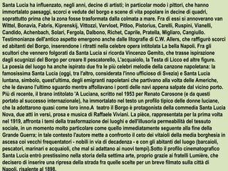 Santa Lucia ha influenzato, negli anni, decine di artisti; in particolar modo i pittori, che hanno
immortalato paesaggi, scorci e vedute del borgo e scene di vita popolare in decine di quadri,
soprattutto prima che la zona fosse trasformata dalla colmata a mare. Fra di essi si annoverano van
Wittel, Bonavia, Fabris, Kiprenskij, Vittozzi, Vervloet, Pitloo, Pistorius, Carelli, Ruspini, Vianelli,
Candido, Achenbach, Solari, Fergola, Dalbono, Richet, Caprile, Pratella, Migliaro, Cangiullo.
Testimonianze dell'antico aspetto emergono anche dalle litografie di C.W. Allers, che raffigurò scorci
ed abitanti del Borgo, inserendone i ritratti nella celebre opera intitolata La bella Napoli. Fra gli
scultori che vennero folgorati da Santa Lucia si ricorda Vincenzo Gemito, che trasse ispirazione
dagli scugnizzi del Borgo per creare Il pescatorello, L'acquaiolo, la Testa di Licco ed altre figure.
La poesia del luogo ha anche ispirato due fra le più celebri melodie della canzone napoletana: la
famosissima Santa Lucia (oggi, tra l'altro, considerata l'inno ufficioso di Svezia) e Santa Lucia
luntana, simbolo, quest'ultima, degli emigranti napoletani che partivano alla volta delle Americhe,
che le davano l'ultimo sguardo mentre affollavano i ponti delle navi appena salpate dal vicino porto.
Più di recente, il brano intitolato 'A Lucìana, scritto nel 1953 per Renato Carosone (e da questi
portato al successo internazionale), ha immortalato nel testo un profilo tipico delle donne lucìane,
che la adottarono quasi come loro inno.A teatro il Borgo è protagonista della commedia Santa Lucia
Nova, due atti in versi, prosa e musica di Raffaele Viviani. La pièce, rappresentata per la prima volta
nel 1919, affronta i temi della trasformazione dei luoghi e dell'illusoria permeabilità del tessuto
sociale, in un momento molto particolare come quello immediatamente seguente alla fine della
Grande Guerra; in tale contesto l'autore mette a confronto il ceto dei vitaioli della media borghesia in
ascesa coi vecchi frequentatori - nobili in via di decadenza - e con gli abitanti del luogo (barcaioli,
pescatori, marinari e acquaioli, che mal si adattano ai nuovi tempi).Sotto il profilo cinematografico
Santa Lucia entrò prestissimo nella storia della settima arte, proprio grazie ai fratelli Lumière, che
decisero di inserire una ripresa della strada fra quelle scelte per un breve filmato sulla città di
 