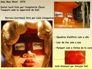 Sala Mae West 1974

Instal·lació feta per l’arquitecte Òscar
Tusquets amb la supervisió de Dalí.


    Perruca (cortines) feta per Lluís Llongueras




                                                    Quadres d’edificis com a ulls

                                                    Llar de foc com a nas

                                                    Parquet com a forma de la cara




                                                   Sofà dissenyat per Salvador Dalí
 