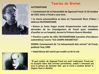Teories de Breton
AUTOMATISME
• Coneixement de la Psicoanàlisi de Sigmund Freud. El 10 octubre
de 1921 visita a Freud a casa seva.
• La teoria psicoanalítica es basa en l’associació lliure d’idees i
defensa l’AUTOMATISME.
• Breton ja havia tingut ocasió d’experimentar amb tècniques
derivades de les investigacions de Freud quan treballava
d’auxiliar en un hospital, durant la Primera Guerra Mundial.
• Practica a partir de 1921 l’AUTOMATISME (sessions d’escriptura
automàtica) i escriu “ELS CAMPS MAGNÈTICS”.
SOMNI: Coneixement de “La interpretació dels somnis” de Freud,
publicat l’any 1900
• Importància del somni per evadir-se de la raó.


 El gust estètic de Sigmund Freud era molt tradicional: Freud mai
no acceptà l’obra dels artistes surrealistes, només li interessà una
mica la pintura de Salvador Dalí, que el visità a Londres durant la
Segona Guerra Mundial.
 