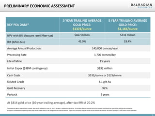 PRELIMINARY ECONOMIC ASSESSMENT

KEY PEA DATA*
NPV with 8% discount rate (After-tax)
IRR (After-tax)
Average Annual Production
Processing Rate

3 YEAR TRAILING AVERAGE
GOLD PRICE:
$1378/ounce

5 YEAR TRAILING AVERAGE
GOLD PRICE:
$1,166/ounce

$467 million

$331 million

41.9%

33.4%
145,000 ounces/year
1,700 tonnes/day

Life of Mine

15 years

Initial Capex ($38M contingency)
Cash Costs

$192 million
$532/ounce or $125/tonne

Diluted Grade

8.1 g/t Au

Gold Recovery

92%

Payback

2 years

At $814 gold price (10-year trailing average), after-tax IRR of 20.2%
* Prepared by Micon International Limited. PEA results released on July 25, 2012. The PEA is preliminary in nature. It includes inferred mineral resources that are considered too speculative geologically to have the
economic considerations applied to them that would enable them to be categorized as mineral reserves. There is no certainty that the results of the PEA will be realized. All dollars quoted in $ USD unless stated otherwise

19

 
