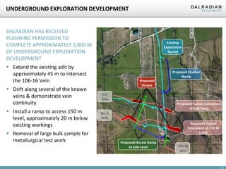 UNDERGROUND EXPLORATION DEVELOPMENT

DALRADIAN HAS RECEIVED
PLANNING PERMISSION TO
COMPLETE APPROXIMATELY 2,000 M
OF UNDERGROUND EXPLORATION
DEVELOPMENT

Existing
Exploration
Tunnel

 Extend the existing adit by
approximately 45 m to intersect
the 106-16 Vein
 Drift along several of the known
veins & demonstrate vein
continuity
 Install a ramp to access 150 m
level, approximately 20 m below
existing workings
 Removal of large bulk sample for
metallurgical test work

Proposed Crusher
Ramp
Proposed
Stopes
T17
Vein
Proposed Tunnel Extensions
at Sub-Level
No. 1
Vein
Proposed Tunnel
Extensions at 170 M
Level
Proposed Access Ramp
to Sub-Level

106-16
Vein

22

 
