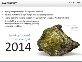 DNA SNAPSHOT

 High grade gold deposit with growth potential

 Positive PEA shows a high margin and low capex producer
 Strong local and national support for Curraghinalt project in Northern Ireland
 Green light to proceed with underground
development and bulk sampling, pending
terms and conditions

Sample from the T17 vein
188 g/t of gold
103 g/t of silver
5.07% of copper

Looking forward
to an eventful

2014
4

 