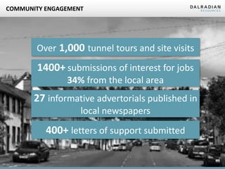 COMMUNITY ENGAGEMENT
Over 1,000 tunnel tours and site visits
27 informative advertorials published in
local newspapers
1400+ submissions of interest for jobs
34% from the local area
400+ letters of support submitted
 
