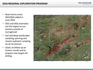 17
 New licence areas
DG5/DG6 added in
June 2016
 DG5 and DG6 anomalies
are the largest on our
licences outside of
Curraghinalt
 Soil and deep overburden
sampling, panning and
stream sediment sampling
on all six licences
 Goals: to follow up on
historic results and to
prepare new targets for
drilling
2016 REGIONAL EXPLORATION PROGRAM
 