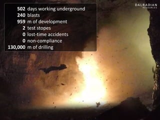 4
502
240
959
2
0
0
130,000
days working underground
blasts
m of development
test stopes
lost-time accidents
non-compliance
m of drilling
 