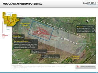 16
MODULAR EXPANSION POTENTIAL
1 Refer to Technical Report
2 12-CT-162 drilled at 180/-55. 12-CT-173 drilled at 150/-60; 2a from 186.00m- 188.22m, 2b from 229.08m - 230.55m ; true width undetermined
3 11-CT-99 drilled from 471.14-474.34m
4 12-CT-167 drilled from 201.93-204.40m
Vein and Vein Intersections
Curraghinalt
Deposit
Curraghinalt Deposit
Resource effective as of Jan 2014
1
–
Measured: 0.02 Moz Au (0.02 MT @ 20.15 g/t)
Indicated: 0.99 Moz Au (2.98 MT @ 10.34 g/t)
Inferred: 2.49 Moz Au (8.01 MT @ 9.67 g/t)
Curraghinalt
Deposit
12km
Curraghinalt
Trend
Rylagh
Attagh Burn
2.47m @ 18.99 g/t Au
4
Alwories Discovery Holes
2
4.72m @ 14.82 g/t Au (12-CT-173)
2.22m @ 14.10 g/t Au (12-CT-162)
2a
1.47m @ 23.60 g/t Au (12-CT-162)
2b
900 m Step-out
0.65m @ 15.04 g/t Au (12-CT-154)
400 m Step-out
3.2m @ 5.34 g/t Au (11-CT-99)
3
Proposed
mine site
 