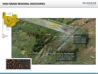 18
HIGH GRADE REGIONAL DISCOVERIES
Curraghinalt
Deposit
12km
Curraghinalt
Trend
Rylagh
Fallagh
Rylagh
1
kilometres
0 2
1
kilometres
0 2
kilometres
0 5
SAMPLES - New Discovery
50cm @ 139.5 g/t Au (F11601)
10-15cm @ 1.37 g/t Au (F11627)
50cm @ 168 g/t Au (F36011)
50cm @ 42.4 g/t Au (F36011)
SAMPLES
30.30 g/t Au (B0641)
29.20 g/t Au (B0633)
17.25 g/t Au (B0625)
11.65 g/t Au (B0627)
Curraghinalt
Deposit
 