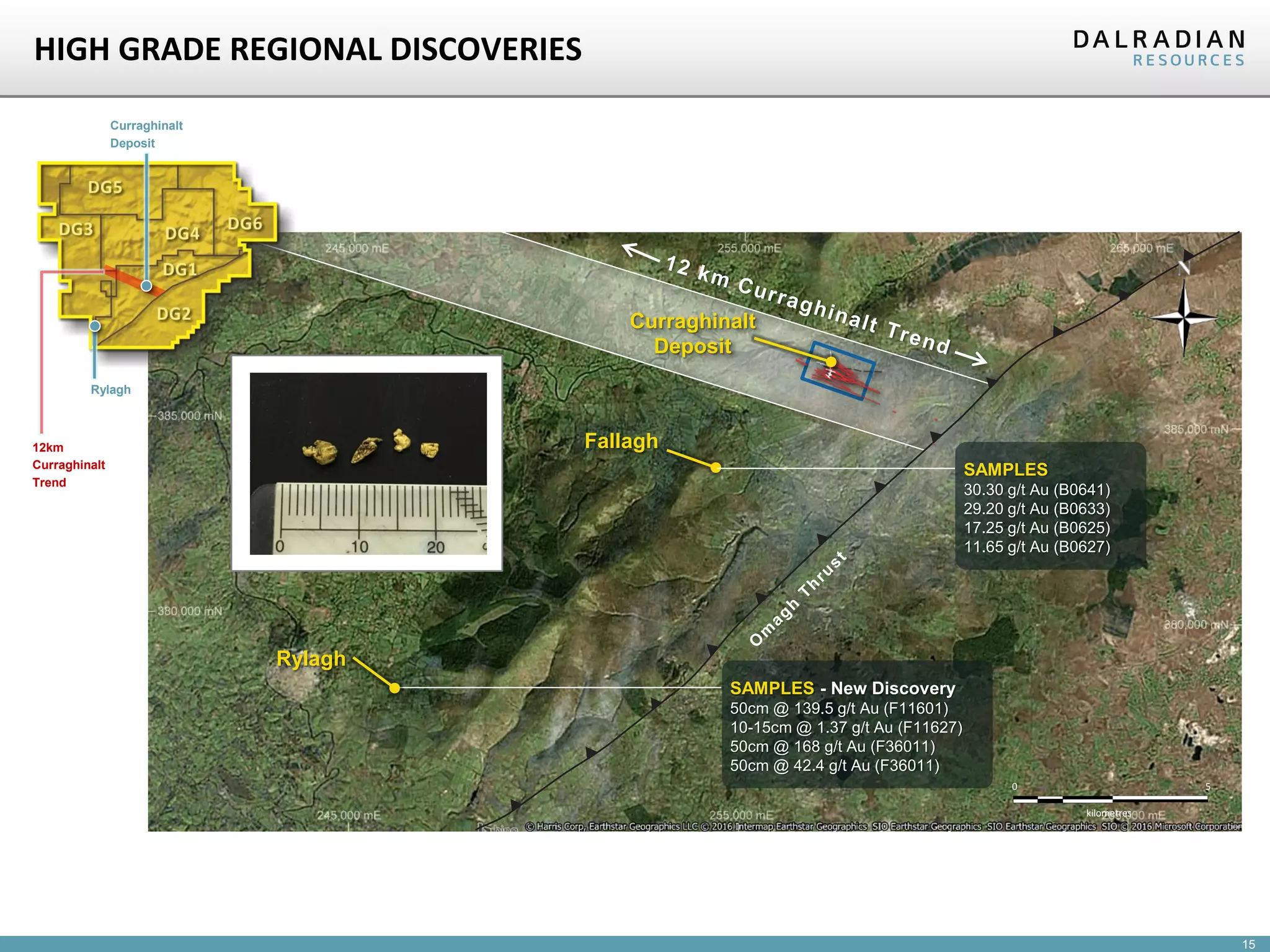 15
HIGH GRADE REGIONAL DISCOVERIES
Fallagh
Rylagh
1
kilometres
0 2
1
kilometres
0 2
kilometres
0 5
SAMPLES - New Discovery
50cm @ 139.5 g/t Au (F11601)
10-15cm @ 1.37 g/t Au (F11627)
50cm @ 168 g/t Au (F36011)
50cm @ 42.4 g/t Au (F36011)
SAMPLES
30.30 g/t Au (B0641)
29.20 g/t Au (B0633)
17.25 g/t Au (B0625)
11.65 g/t Au (B0627)
Curraghinalt
Deposit
Curraghinalt
Deposit
12km
Curraghinalt
Trend
Rylagh
 