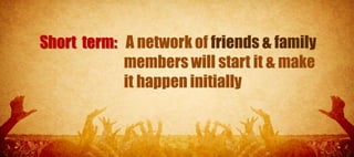 Short term: A network of friends & family
            members will start it & make
            it happen initially
 
