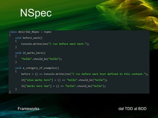 NSpec

Frameworks

dal TDD al BDD

 