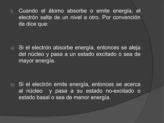Cuando el átomo absorbe o emite energía, el electrón salta de un nivel a otro. Por convención de dice que:Si el electrón absorbe energía, entonces se aleja del núcleo y pasa a un estado excitado o sea de mayor energía.Si el electrón emite energía, entonces se acerca al núcleo  y pasa a su estado no-excitado o estado basal o sea de menor energía.