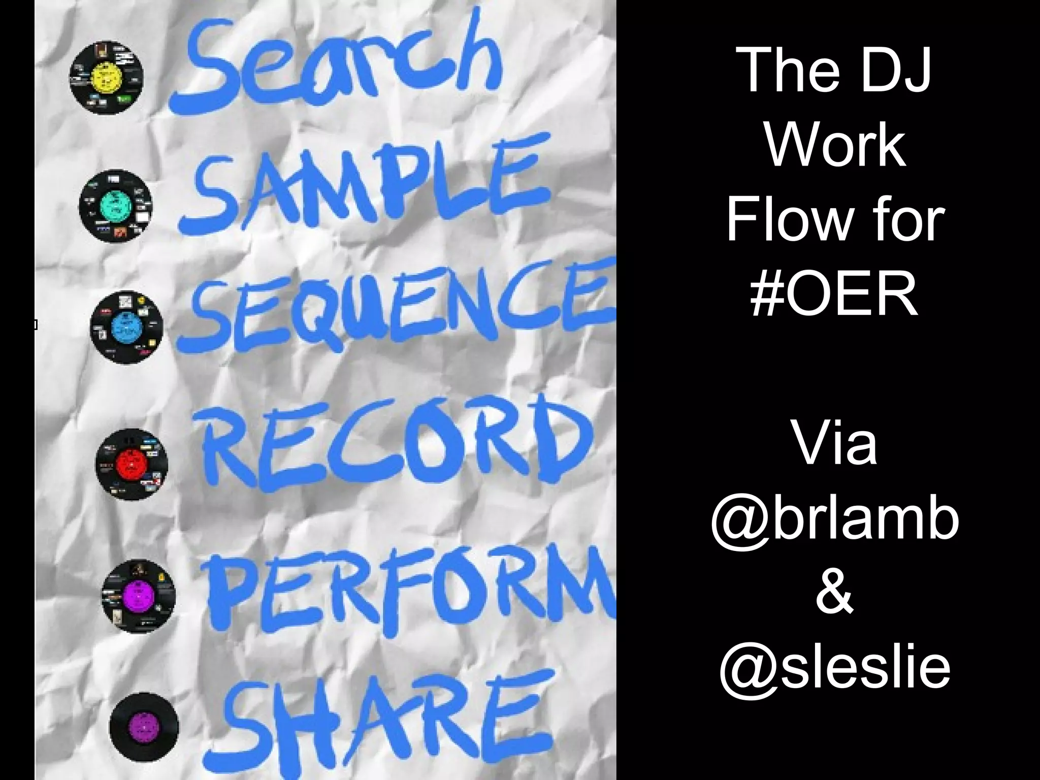 The DJ
 Work
Flow for
 #OER

  Via
@brlamb
   &
@sleslie
 
