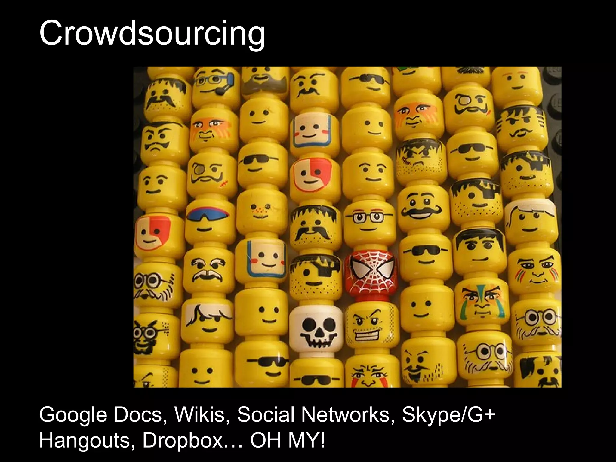 Crowdsourcing




Google Docs, Wikis, Social Networks, Skype/G+
Hangouts, Dropbox… OH MY!
 