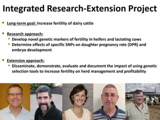  Long-term goal: Increase fertility of dairy cattle
 Research approach:
• Develop novel genetic markers of fertility in heifers and lactating cows
• Determine effects of specific SNPs on daughter pregnancy rate (DPR) and
embryo development
 Extension approach:
• Disseminate, demonstrate, evaluate and document the impact of using genetic
selection tools to increase fertility on herd management and profitability
Integrated Research-Extension Project
 