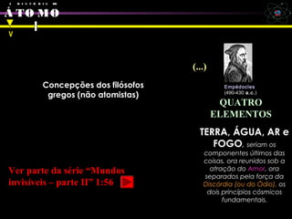 A H I S T Ó R I A DO
Á TO MO
Concepções dos filósofos
gregos (não atomistas)
TERRA, ÁGUA, AR e
FOGO, seriam os
componentes últimos das
coisas, ora reunidos sob a
atração do Amor, ora
separados pela força da
Discórdia (ou do Ódio), os
dois princípios cósmicos
fundamentais.
QUATRO
ELEMENTOS
Empédocles
(490-430 a.c.)
V
(...)
Ver parte da série “Mundos
invisíveis – parte II” 1:56
 