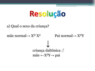 Resolução
a) Qual o sexo da criança?
mãe normal→ XD Xd Pai normal→ XDY
↓
criança daltônica ♂
mãe ←XdY→ pai
 