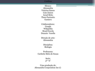 Créditos
Elenco:
Alessandra
Vinícius Zanon
Caio Zanon
Israel Brito
Thais Pazinatto
Gustavo
Colaboradores:
Google
Wikipédia
Brasil Escola
Drauzio Varella
Direção de arte:
Alessandra
Disciplina:
Biologia
Professora:
Carliette Melo de Souza
Serie:
3º “A”
Uma produção de:
Alessandra Corporation Inc ©
 