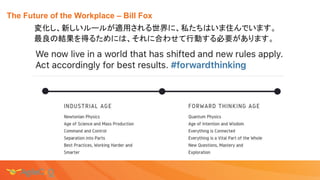 The Future of the Workplace – Bill Fox
変化し、新しいルールが適用される世界に、私たちはいま住んでいます。
最良の結果を得るためには、それに合わせて行動する必要があります。
 