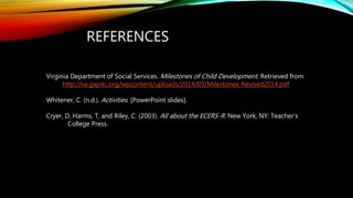 REFERENCES
Virginia Department of Social Services. Milestones of Child Development. Retrieved from
http://va.gapitc.org/wpcontent/uploads/2014/03/Milestones_Revised2014.pdf
Whitener, C. (n.d.). Activities. [PowerPoint slides].
Cryer, D, Harms, T, and Riley, C. (2003). All about the ECERS-R. New York, NY: Teacher’s
College Press.
 