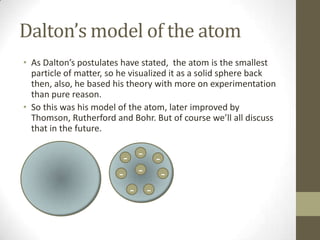 Dalton’s model of the atomAs Dalton’s postulates have stated,  the atom is the smallest particle of matter, so he visualized it as a solid sphere back then, also, he based his theory with more on experimentation than pure reason.So this was his model of the atom, later improved by Thomson, Rutherford and Bohr. But of course we’ll all discuss that in the future.--------