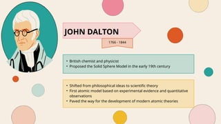 • British chemist and physicist
• Proposed the Solid Sphere Model in the early 19th century
JOHN DALTON
1766 - 1844
• Shifted from philosophical ideas to scientific theory
• First atomic model based on experimental evidence and quantitative
observations
• Paved the way for the development of modern atomic theories
 