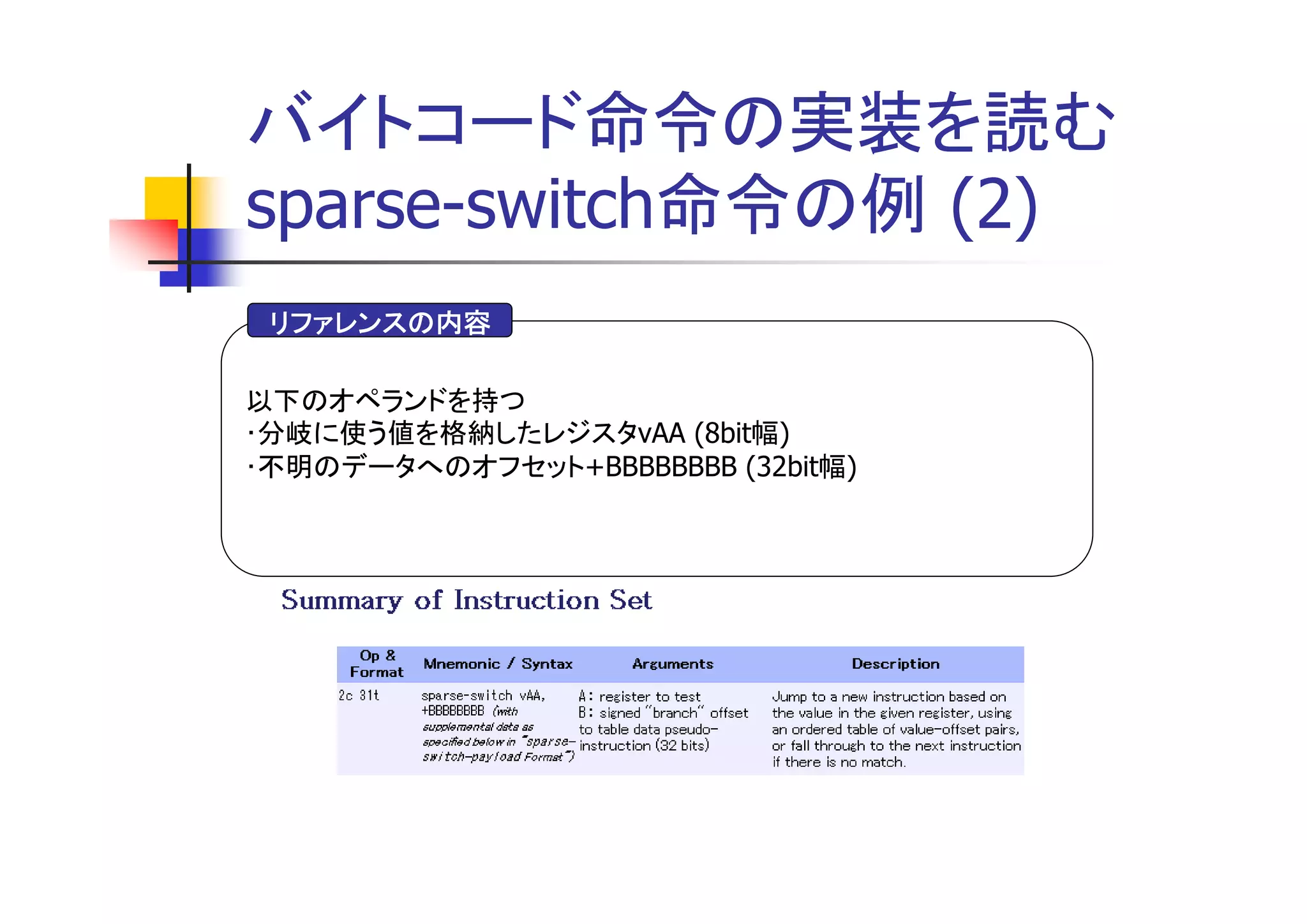 バイトコード命令の実装を読む
sparse-switch命令の例 (2)
 リファレンスの内容

以下のオペランドを持つ
･分岐に使う値を格納したレジスタvAA (8bit幅)
･不明のデータへのオフセット+BBBBBBBB (32bit幅)
 